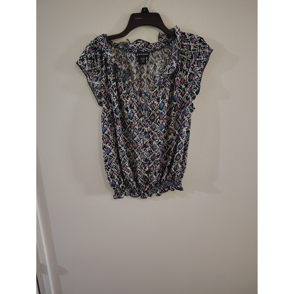 Valerie Bertinelli Womens XL Blue Pink Ikat Print Smocked Hem Rayon‎ Blouse Top